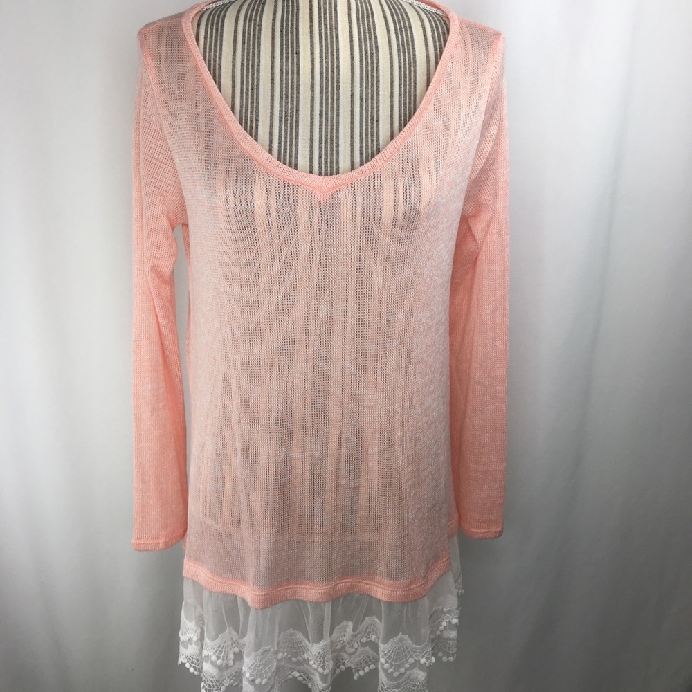 Lace trimmed pink tunic sweater lagenlook
